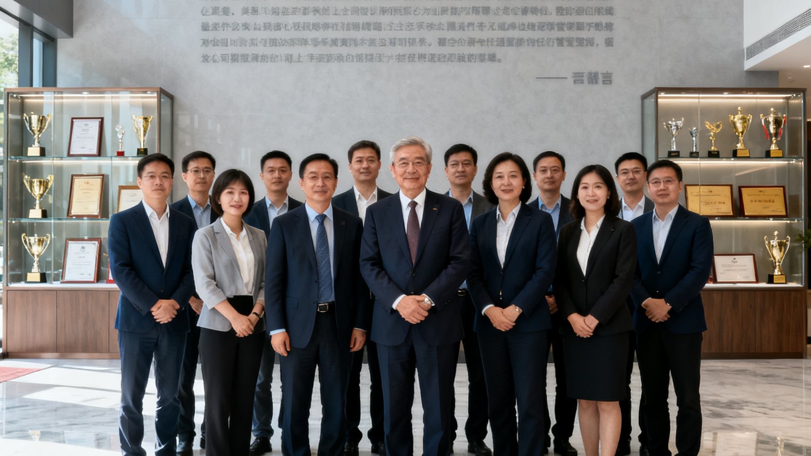 PA集团三位创始人与核心管理团队在总部大厅合影，背景为集团使命宣言墙与荣誉展示柜