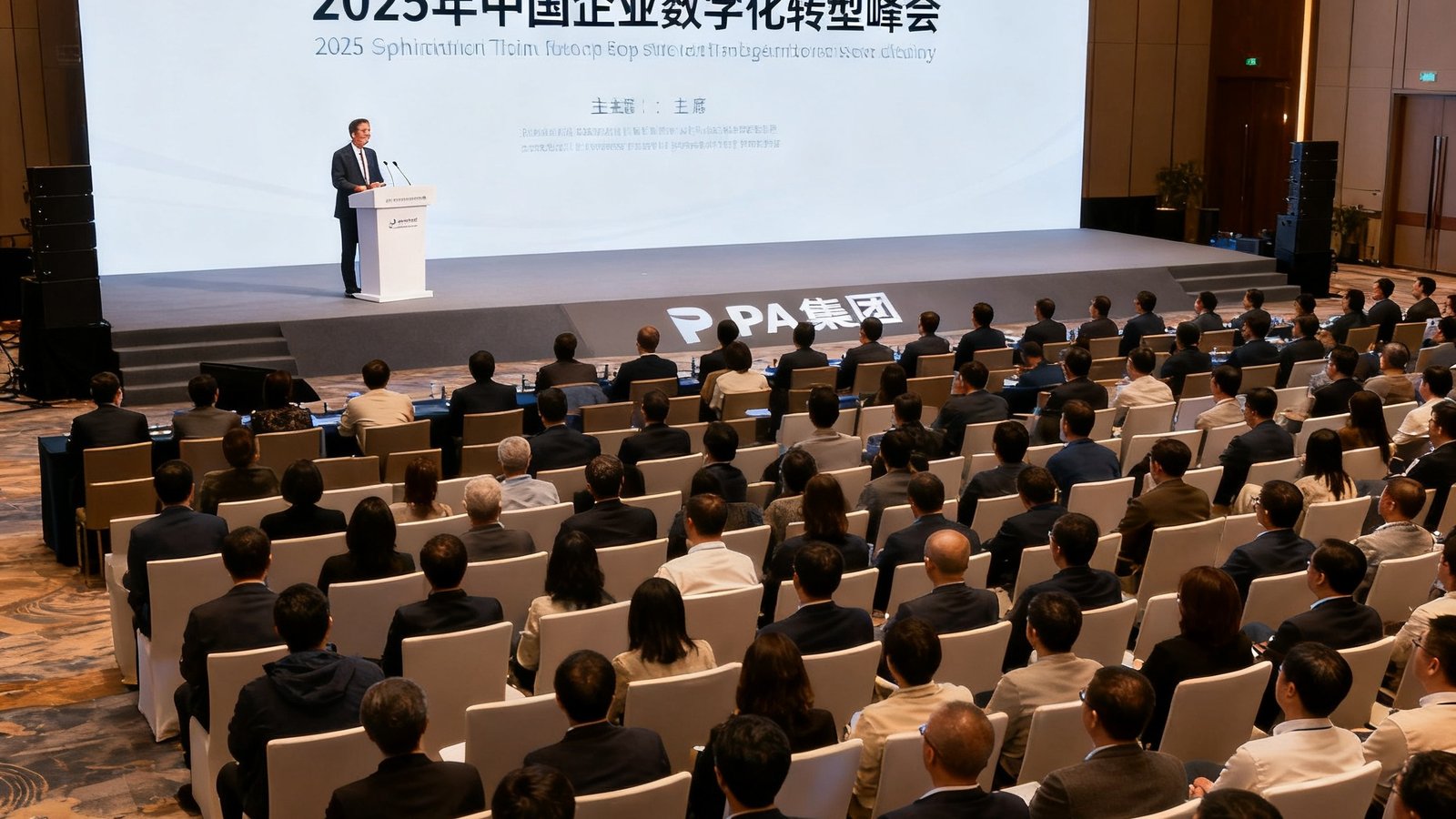 2025年中国企业数字化转型峰会上，PA集团代表在主席台发表主题演讲，台下座无虚席