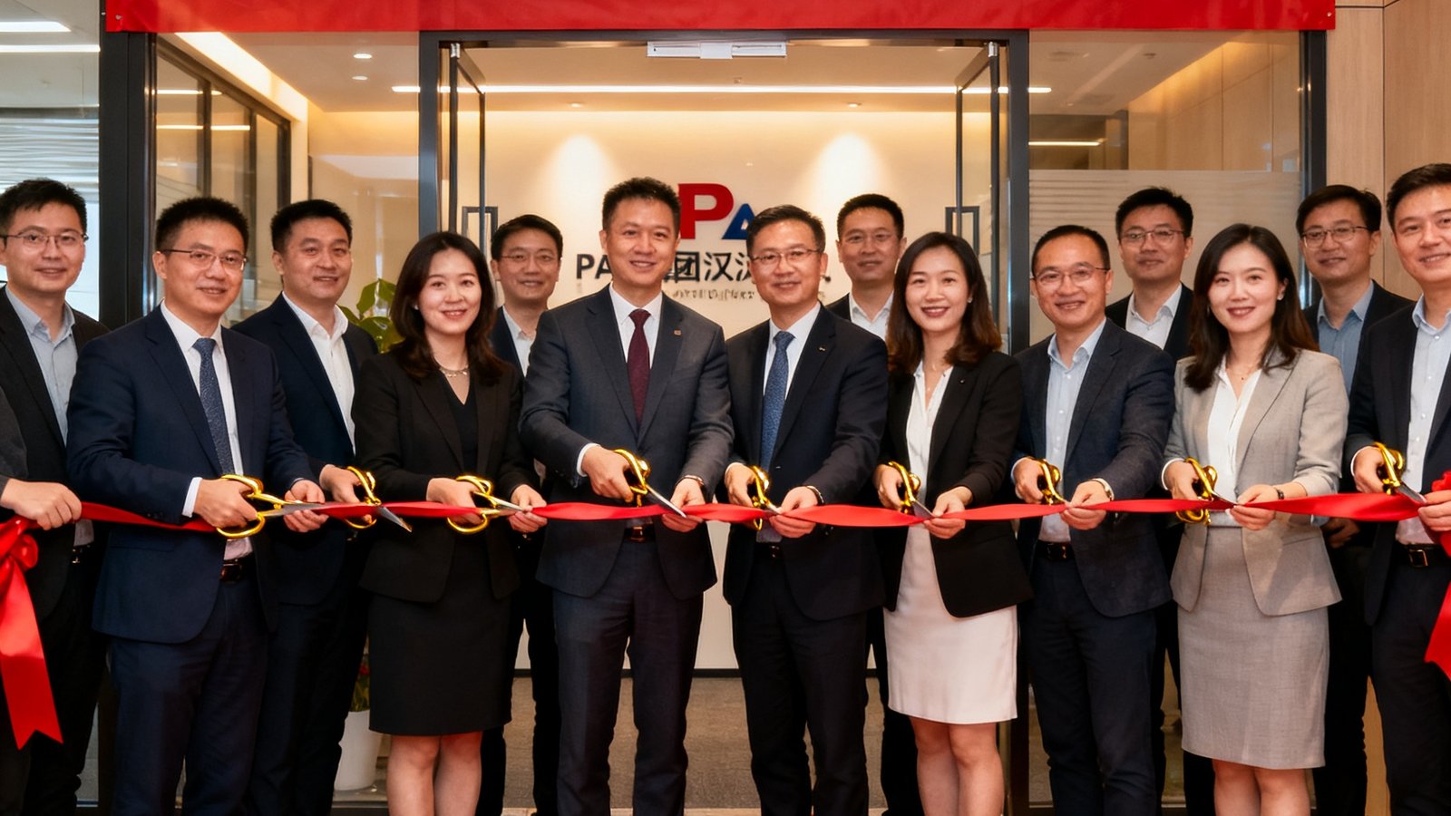 PA集团武汉分公司新办公室揭幕仪式上，员工们共同剪彩并合影留念