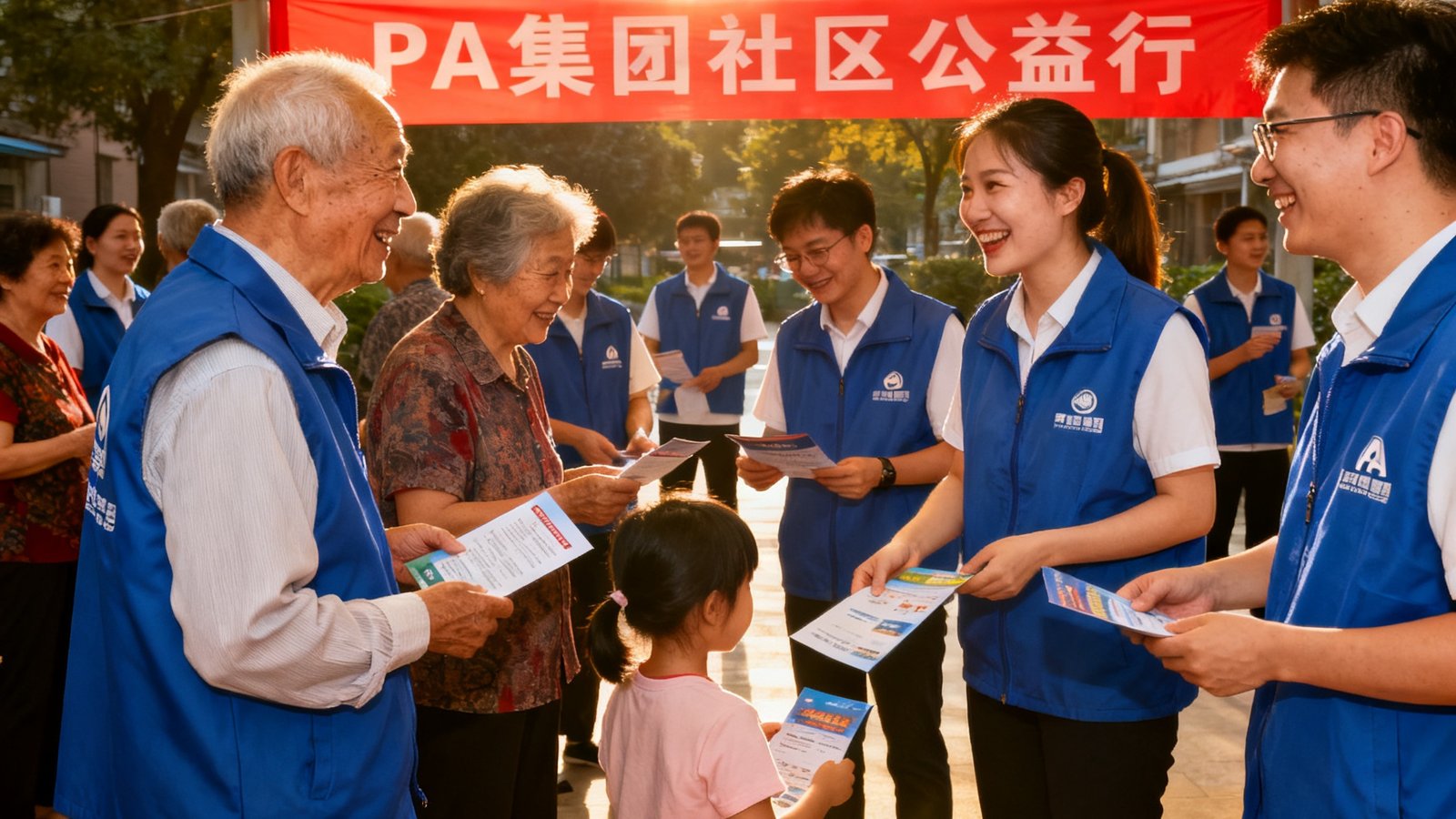 PA集团员工志愿者团队在社区公益活动中与居民互动，现场氛围温馨热烈