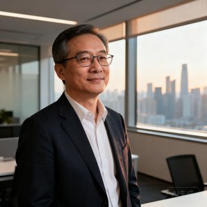 科技公司张总经理，中年男性，戴着眼镜，在办公室窗前拍摄的从容半身照